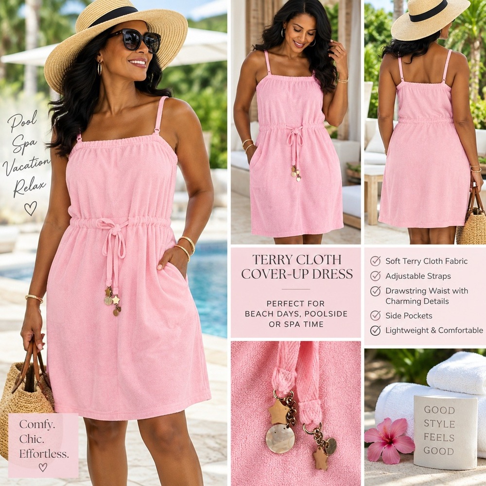 Moda International Pink Terry Cloth Romper Sleeveless Drawstring Waist Medium